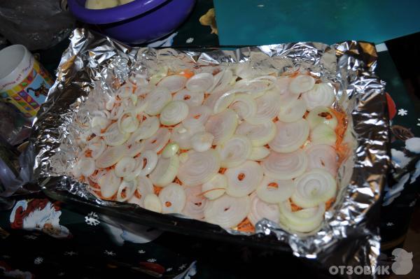 Рецепт форель (ломтиками)запечённая в духовке с овощами фото