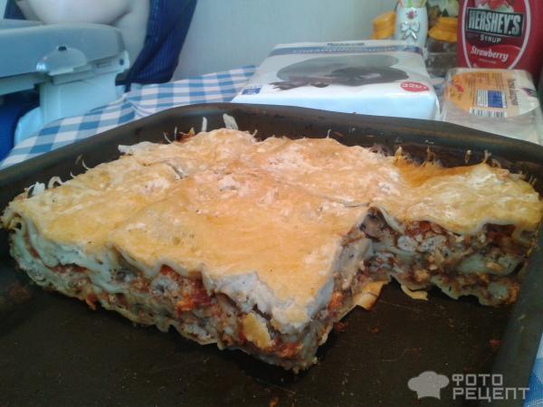 Рецепт Лазанья с куриным фаршем и шампиньонами фото