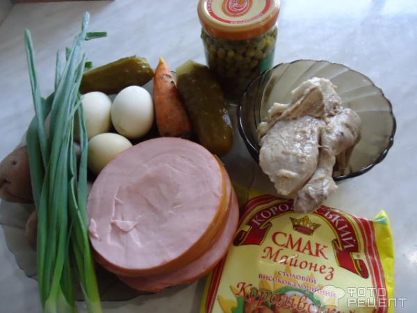 Жареный салат Оливье в колбасной корзинке фото