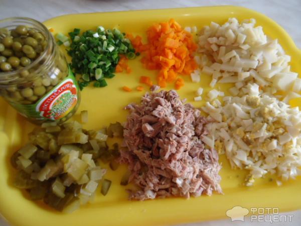 Жареный салат Оливье в колбасной корзинке фото