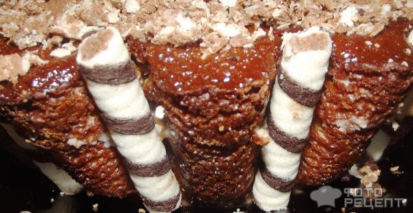 Шоколадный торт с вафельными трубочками фото
