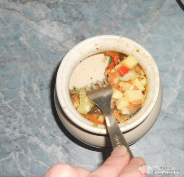 Овощное рагу с грибами, запеченное в горшочках, под сливочно-соевым соусом