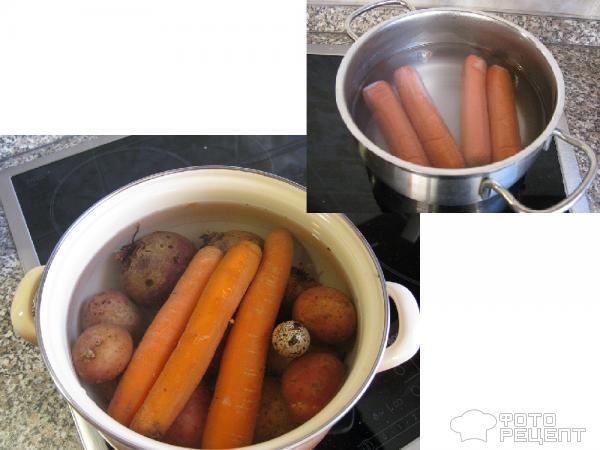 картофель, морковь, свекла, яйцо, сосиски