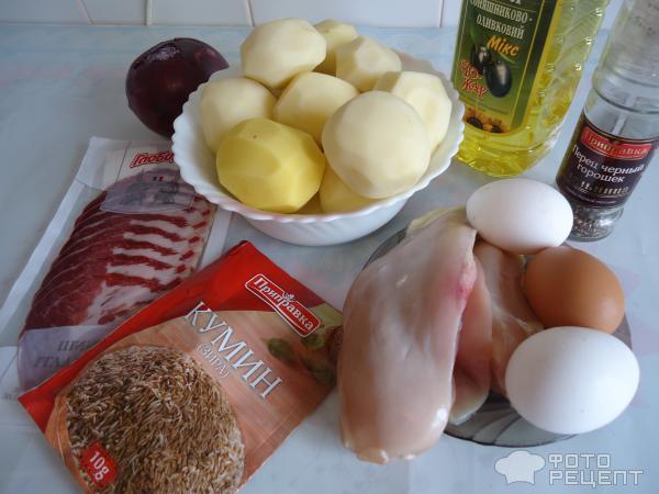 Картофельные блинчики с зирой, курицей и грудинкой фото