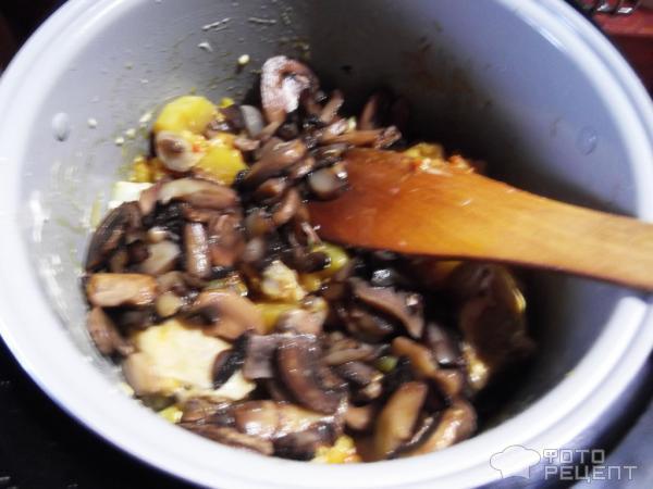 Тушеная картошка с курицей и грибами фото