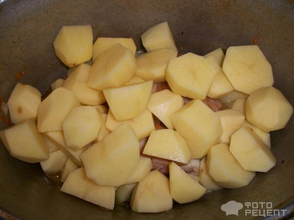 Тушеная картошка с курицей в казане фото