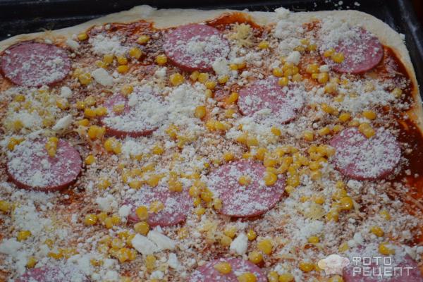 Колбасная пицца с брынзой и оливками фото