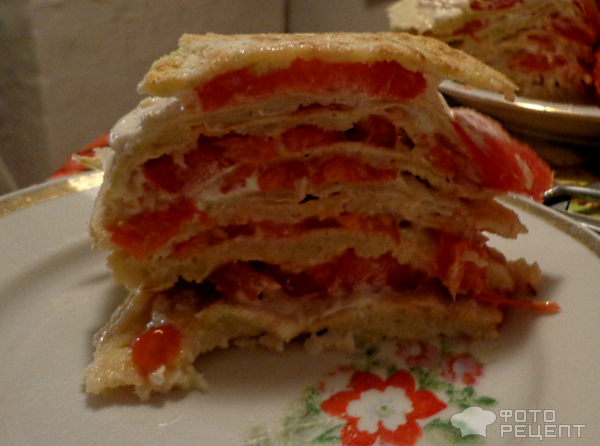 Рецепт: Кабачковый торт с помидорами - Любимое сочетание кабачков, майонеза и чеснока