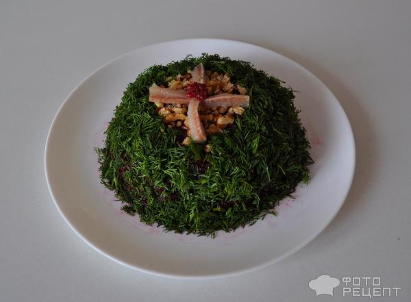 Салат из свеклы с селедкой, укропом и грецккими орехами фото
