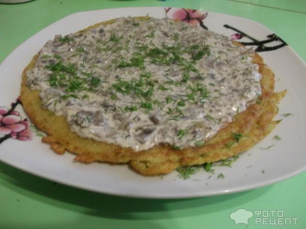 Драник с подливкой из грибов в сметане фото