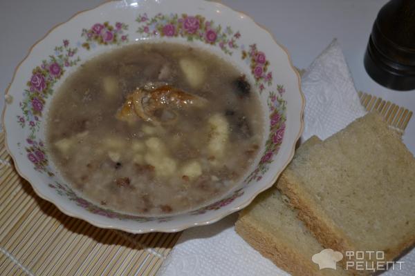 Суп с картофельными клецками и грибами на гусином бульоне фото