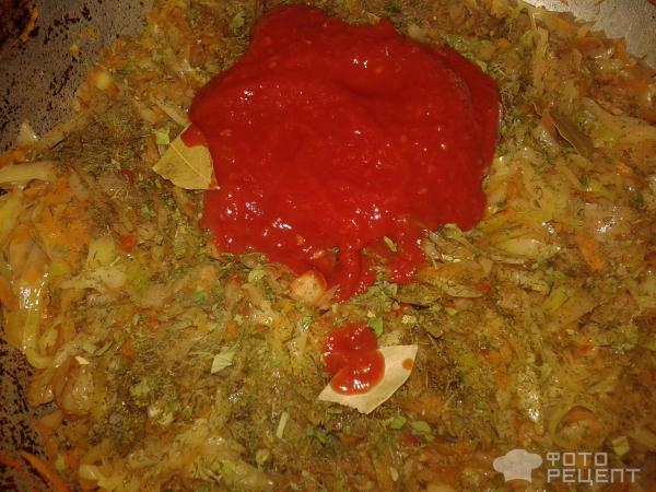 Тушеная капуста с фасолью в томатном соусе фото