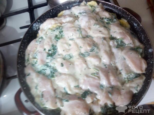 Куриная грудка в кефире в свежей зелени с картофелем фото