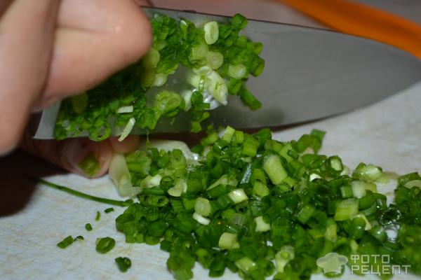 Нарезаем зеленый лук, выкладываем в сковороду.