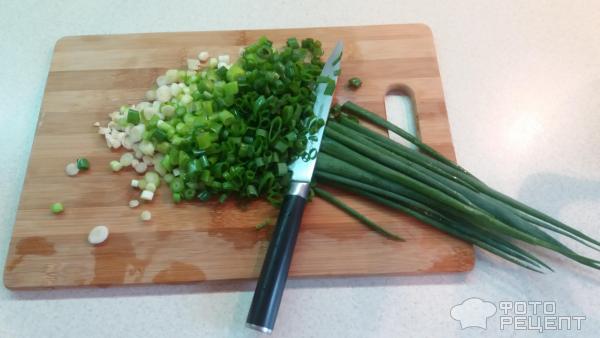 Вымойте и обсушите на салфетке зелёный лук. Затем мелко нарежьте его и добавьте в кастрюлю.