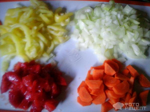 Подготовка лука, перца, моркови и томатов для рагу