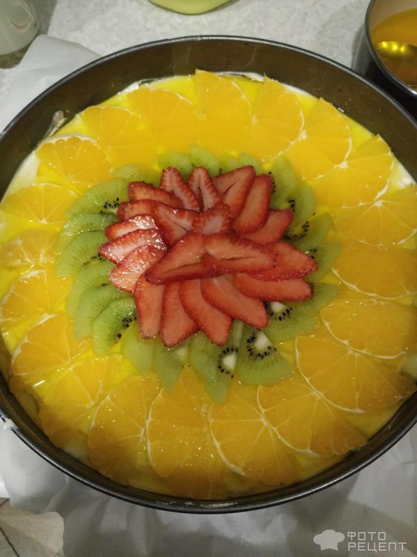 Творожный пирог с фруктами и желе без выпечки фото