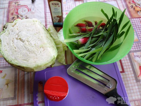 Салат из свежей капусты с редисом и зеленым луком фото