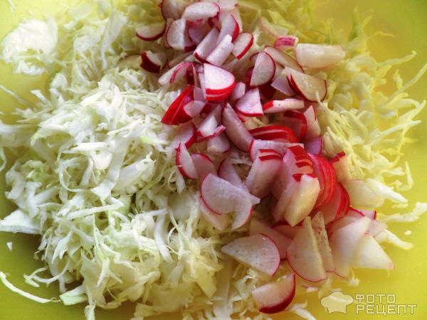 Салат из свежей капусты с редисом и зеленым луком фото