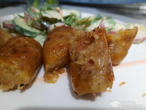 Бульбяная кишка со шкварками и жареным луком. Картофельная колбаса