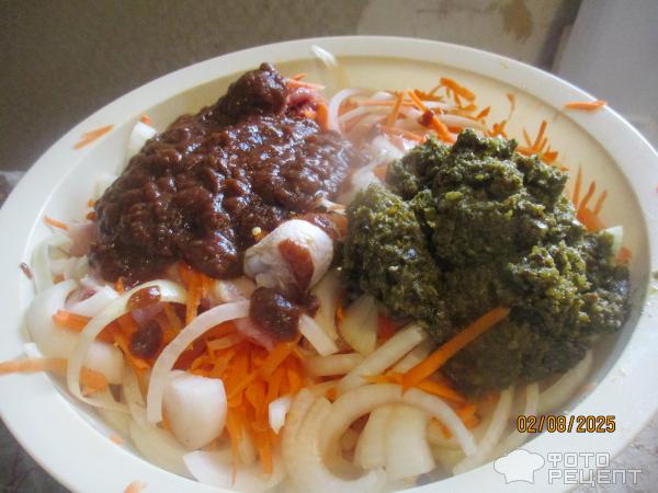 Курица тушеная в сливовом соусе и русским песто фото