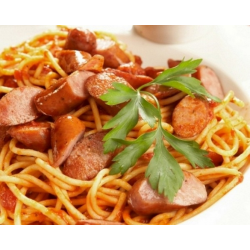 Рецепт: Спагетти с жареными сосисками